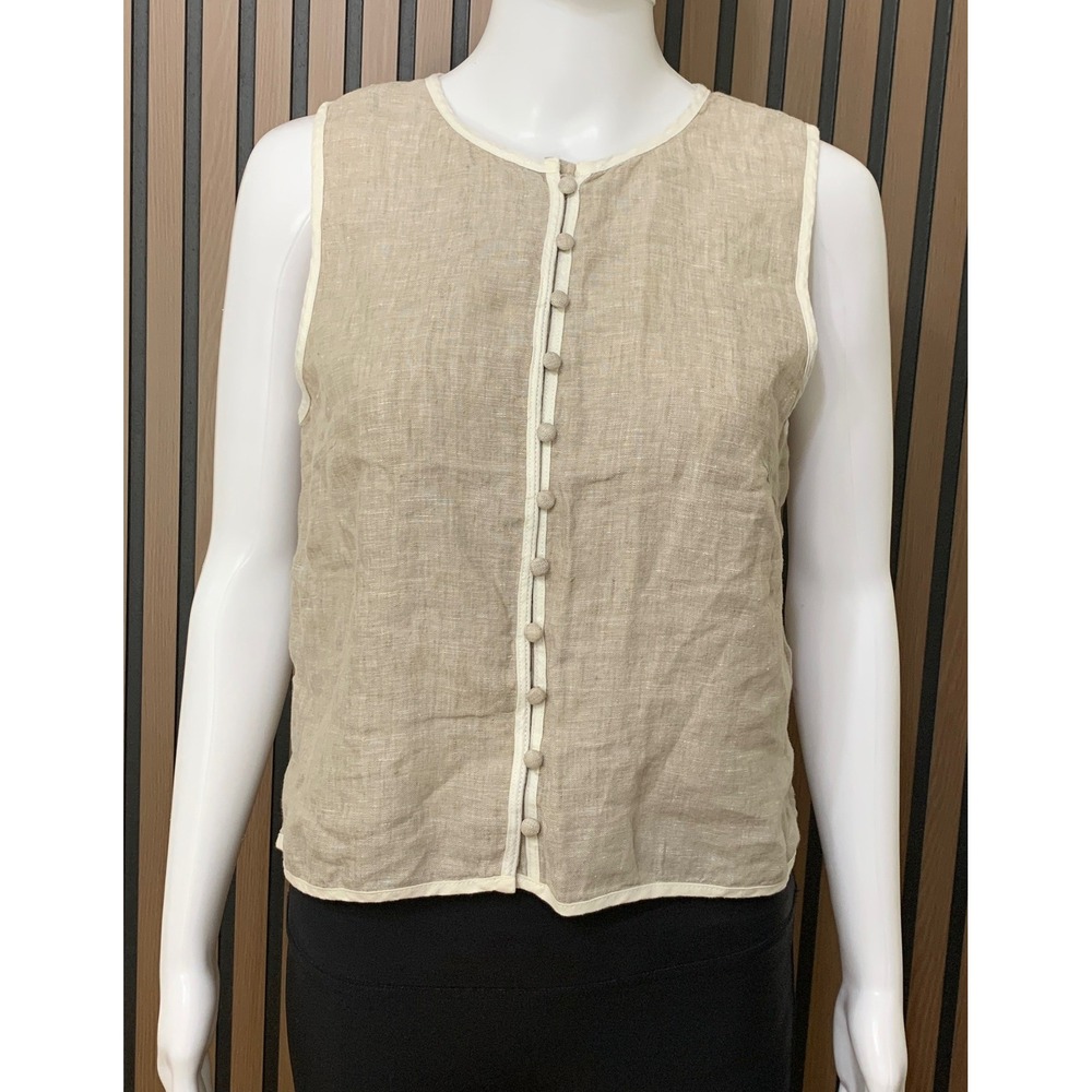 Tahari Women's Small Beige 100% Linen Sleeveless Button Front Shell Top Trimmed